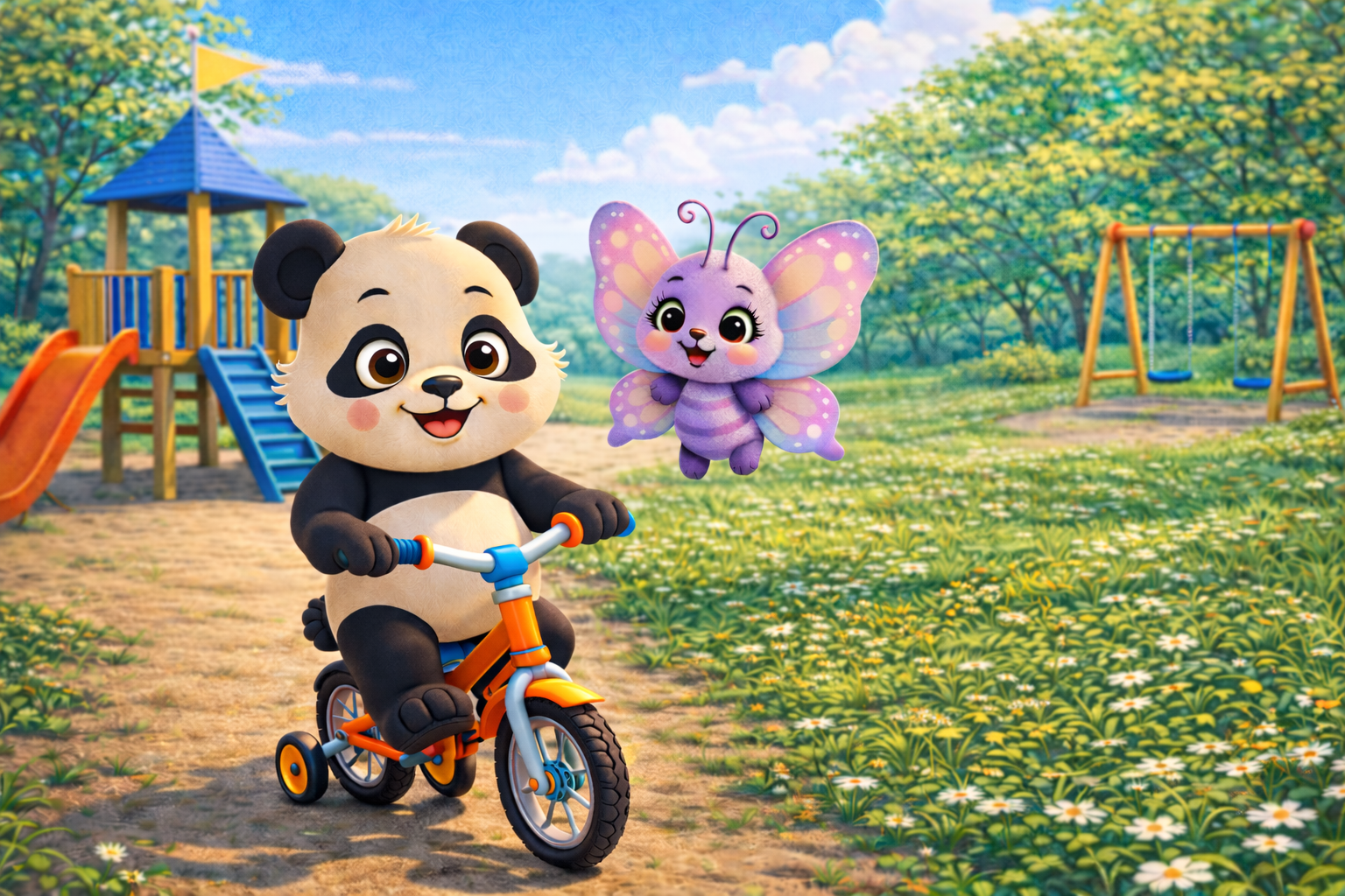 Panda Milou fietst door een bloemenveld